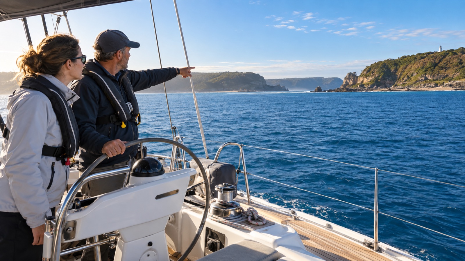 Two lifejacket-wearing sailors assess an Australian coastal entrance from a yacht