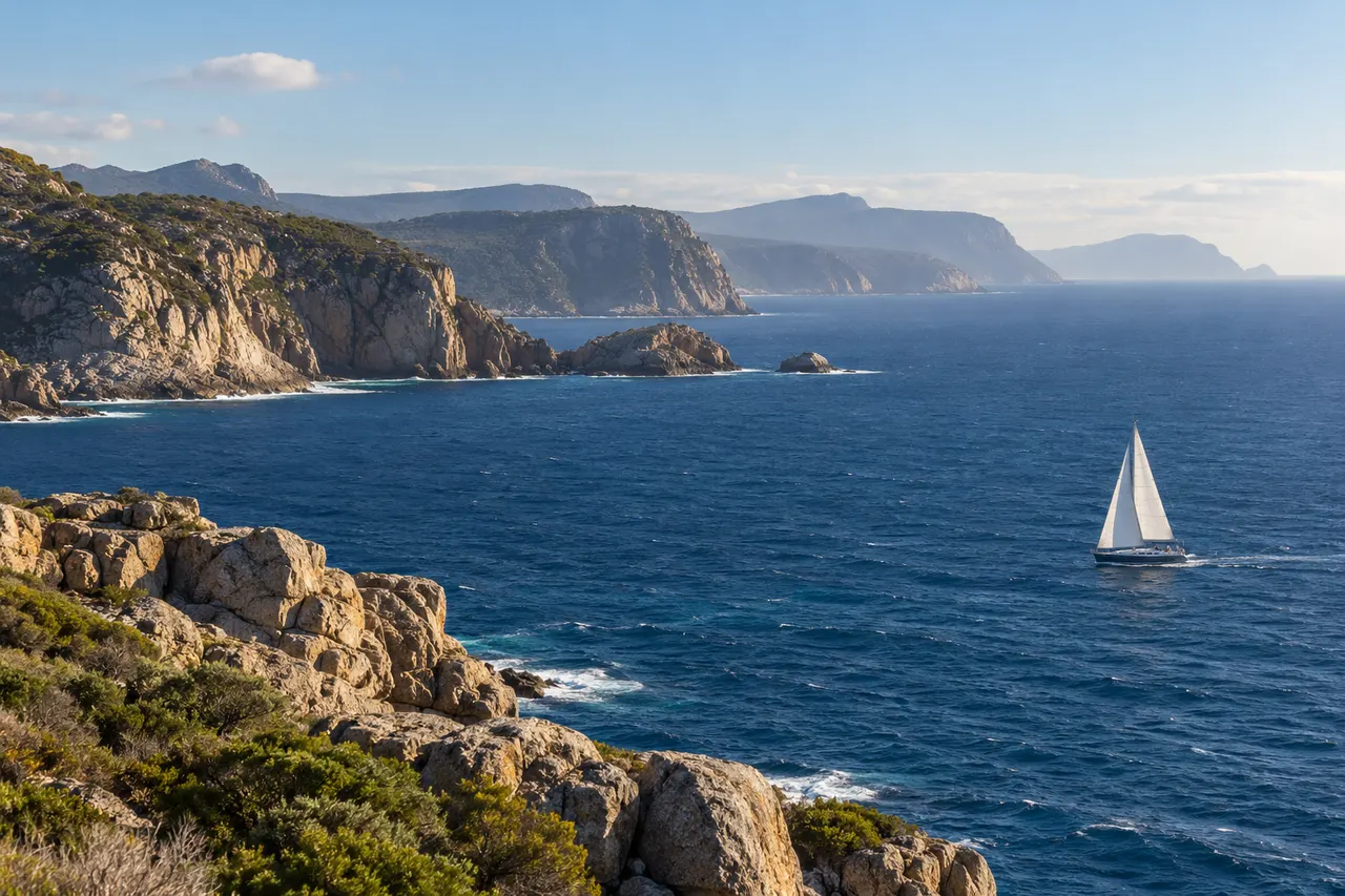 AI-generated editorial illustration: A distant sailing yacht and a rugged fictional coastline