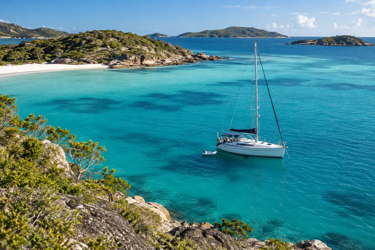 AI-generated editorial illustration: A cruising yacht in turquoise water beside fictional coastal islands