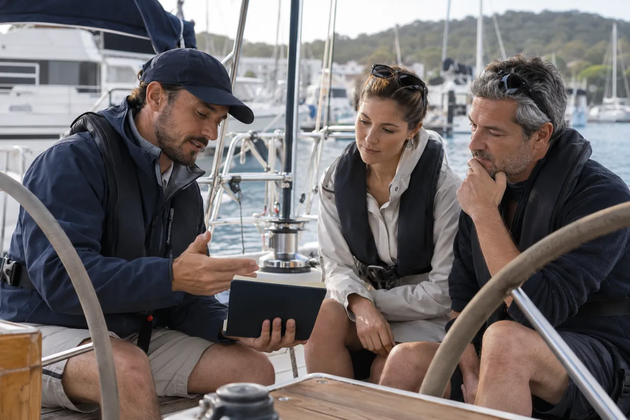 AI-generated editorial illustration: An adult sailing instructor and two learners discussing a notebook in a moored yacht cockpit