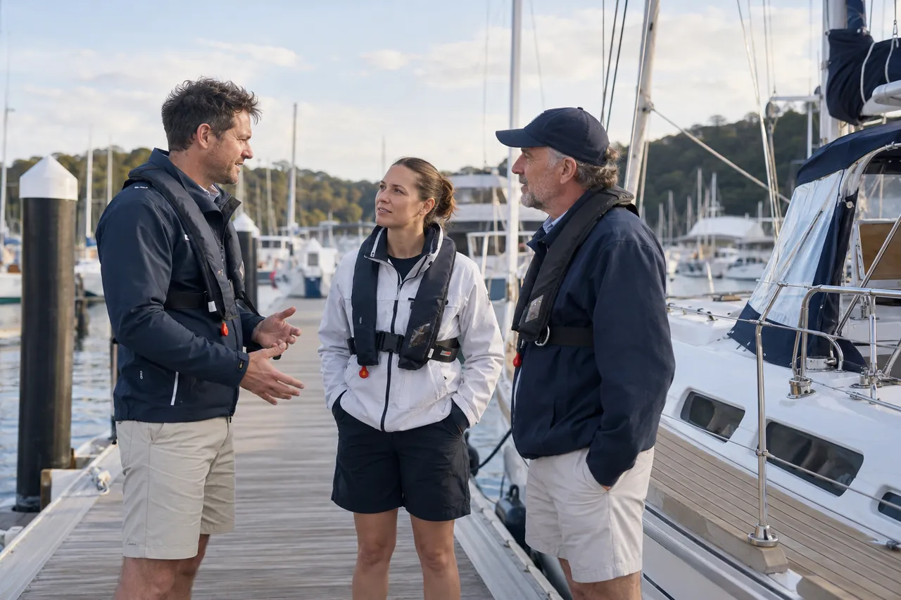 AI-generated editorial illustration: Three adult sailors in lifejackets talking beside a moored yacht at a marina